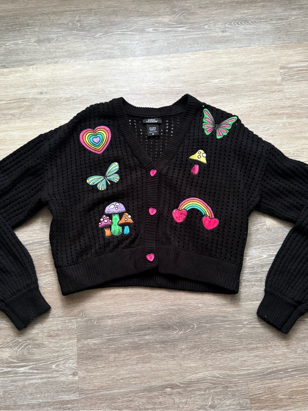 Social Collision Black Cropped Knit Cardigan with Colorful Embroidered Patches